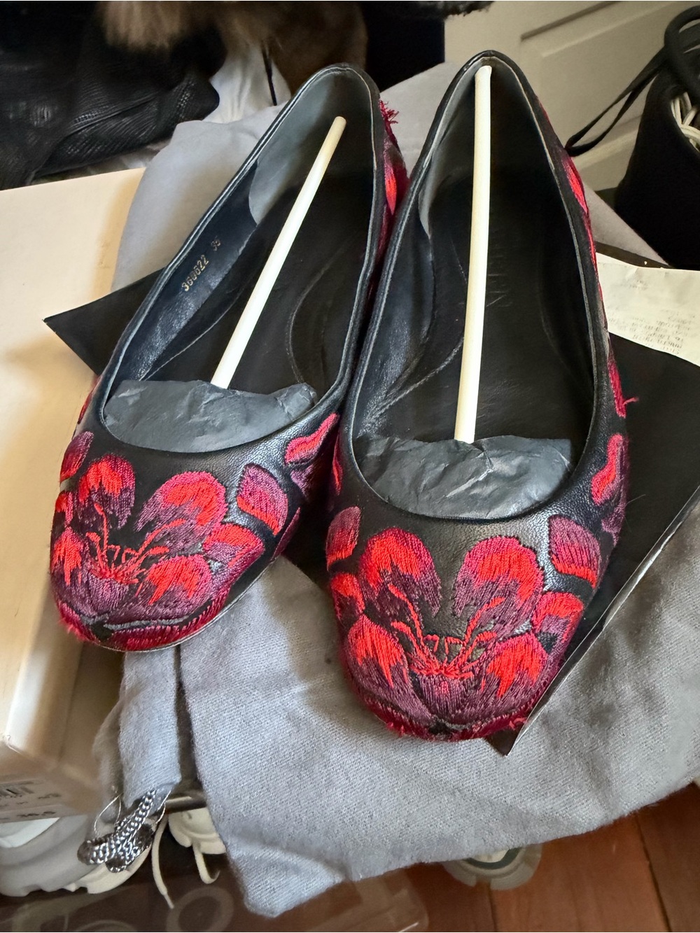 Alexander McQueen Black Leather Flats with Red Embroidered Floral Motif